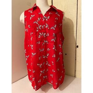 CJ Banks Red Cherry Print Sleeveless Button Down‎ Blouse Casual Summer Top NWT